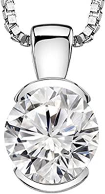 1 Carat 14K White Gold Round Diamond Half Bezel Solitaire Pendant Necklace J Color VS1-VS2 Clarity