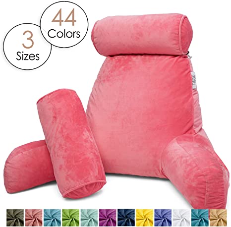 Nestl Reading Pillow, Includes 1 Extra Large Bed Rest Pillow with Arms   2 Detachable Pillows - Premium Shredded Memory Foam TV Pillow, Neck Roll & Lumbar Support Pillow - Set of 3 - Light Pink