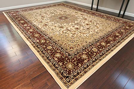 Dunes Traditional Isfahan High Density 1" Thick Wool 1.5 Million Point Persian Area Rug, 8' x 10', Cream