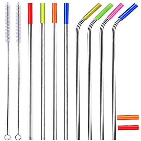 Reusable Metal Drinking Straws, Set of 8 Extra Long 10.5inch Stainless Steel Straws for Tumblers Rumblers (4 Straight/ 4 Bent/ 2 Brushes/ 10 Silicone Tips)