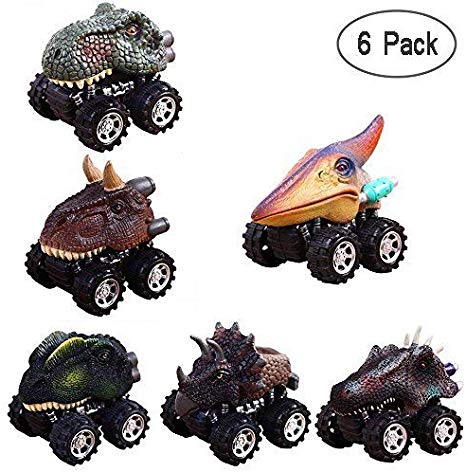 AOLVO Pull Back Dinosaur Cars,6 Pack Dinosaur Toys Truck Inertial Cars with Big Tire Wheel Creativity for 3-14 Year Old Kids Cars Childrens Birthday Gift
