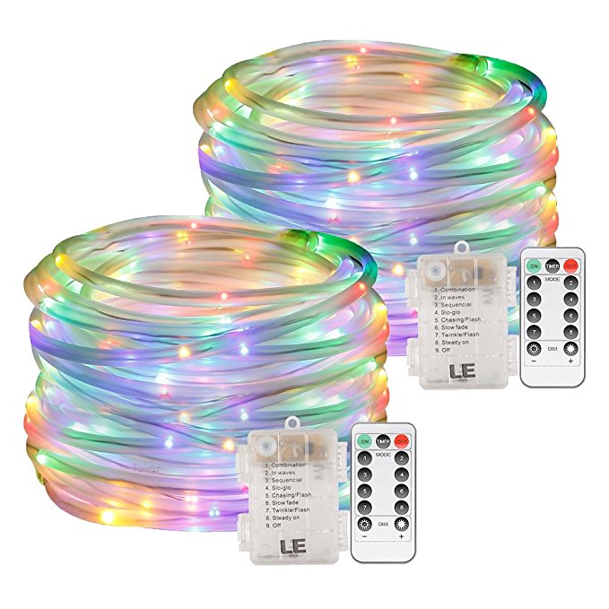 LE 33ft 120 LED Dimmable Rope Lights, RGB, Battery Powered, Waterproof, 8 Modes/Timer, Multi Color Fairy Rope Lights for Garden Patio Party Christmas Thanksgiving Outdoor Decoration. Pack of 2