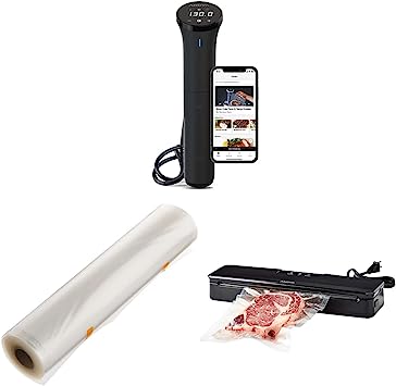 Anova Culinary AN400-US00 Nano Sous Vide Precision Cooker, 12.8" x 2.2" x 4.1", Black & Precision Vacuum Sealer Bag (Rolls),Clear & ANVS01-US00 Anova Precision Vacuum Sealer, Includes 10 Precut Bags