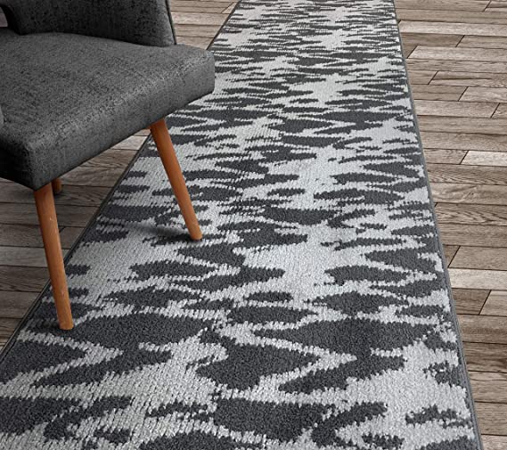 Custom Length Hallway Carpet Runner Rug, Slip Resistant, 26 Inch Wide X Your Choice of Length, Abstract Grey, 26 Inch X 14 Feet, Sold and Priced Per Foot