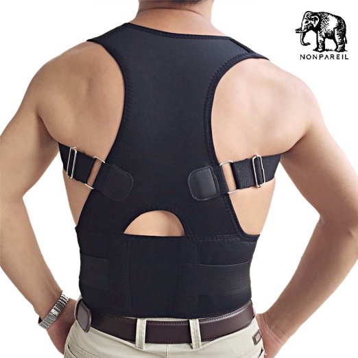 Back & Lumbar Support Brace by NONPAREIL - Improve Posture & Relieve Lower Thoracic, Neck & Spine Pain & Pressure - Medium (Waist 29-32), Black