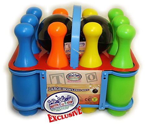 Matty's Toy Stop 10 Pin Multi-Color Deluxe Plastic Bowling Set for Kids with Storage Rack - 12 Pieces Total (10 Pins & 2 Bowling Balls)