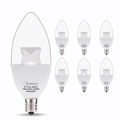 (6 Pack) TGMOLD 6W Dimmable LED Candelabra Light Bulb, 60W Equivalent Candle Bulb, Natural White (4000K), E12 Screw Base LED Bulbs, 500 Lumens, 120 Degree Beam Angles