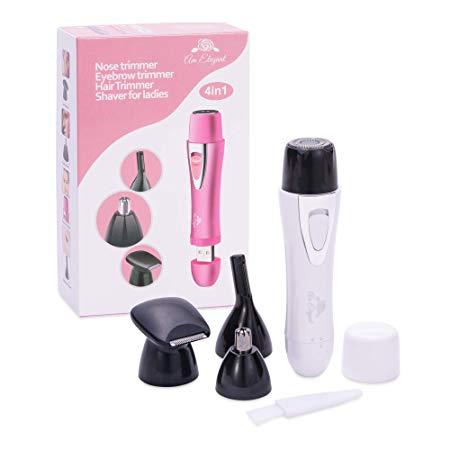 AmElegant PREMIUM Facial Hair Removal For Women - Painless Nose And Ear Hair Trimmer - Waterproof Rechargeable Portable Hair Remover FOR Peach Fuzz, Chin, Mustaches, Legs, Bikini (White 4 in 1)