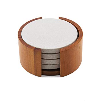 Thirstystone Sandstone Wood Coaster and Holder, 4 inch round, Plain Set w