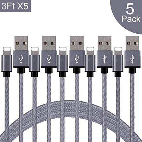 MFi Certified Lightning Cable iPhone Cable Charger, 5 Pack [3 FT] Extra Long Nylon Braided USB Charging & Syncing Cord Compatible with iPhone Xs/Max/XR/X/8/8Plus/7/7 Plus/6S/6S Plus/iPad(Gray)