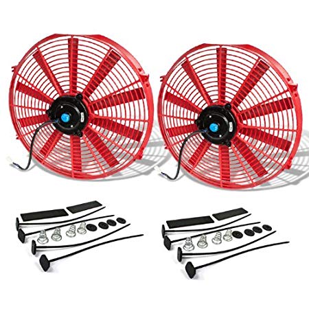 (Pack of 2) 16 Inch High Performance 12V Electric Slim Radiator Cooling Fan w/Mounting Kit - Red
