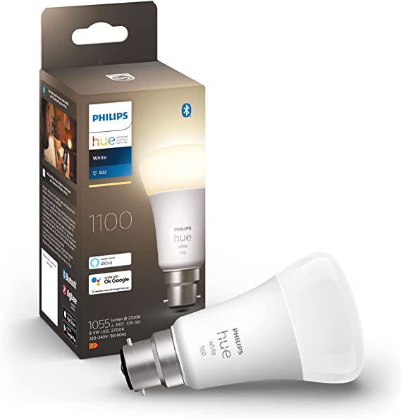 Philips Hue White Single Smart Bulb LED [B22 Bayonet Cap] - 1100 Lumens (75W equivalent). Works with Alexa, Google Assistant and Apple Homekit