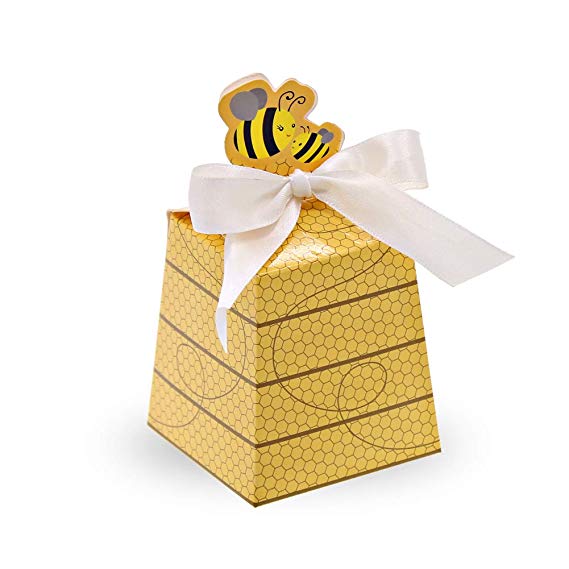 SumDirect 50Pcs Paper Beehive Gift Box with Ribbons Baby Favors Candy Boxes for Baby Shower Birthday Decorations (Yellow)