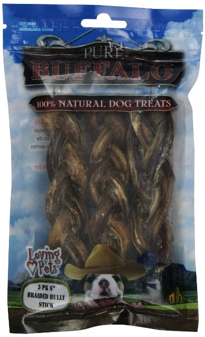 Loving Pets Pure Buffalo 6-Inch Braided Bully Stick Dog Treat, 3-Pack