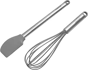 Farberware Professional 2 Piece Baking Set with Stainless Steel Wire Whisk and Stanless Steel Handle, Grey Silicone Head Spatulas For Beating, Blending, Mixing, and Scraping