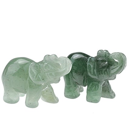 JOVIVI 2pc Natural Carved Gemstones Elephant Figurine 1.5'' Room Decoration, with Gift Box (Green Aventurine)