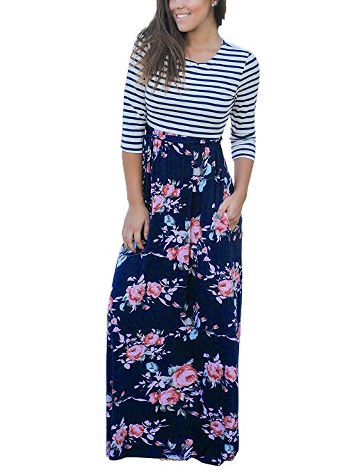 MEROKEETY Women's Striped Floral Print 3/4 Sleeve Tie Waist Maxi Dress with Pockets