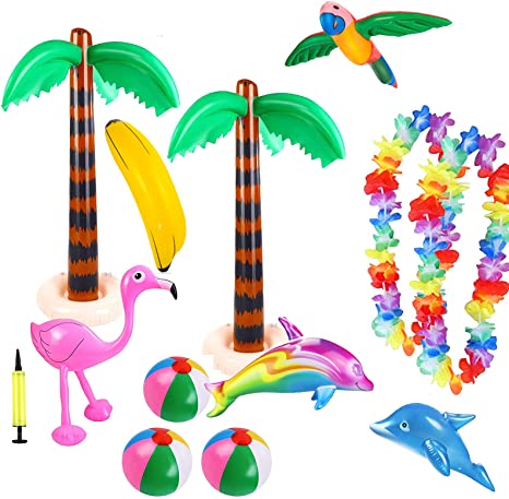 Ucradle 13pcs Inflatable Palm Trees Flamingo Toys, Inflatable Beach Balls Flying Parrot Dolphin for Hawaii Luau Party Summer Party Decor Beach Pool Backdrop Bar Decorations, Air Pump Free
