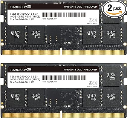 TEAMGROUP Elite SODIMM DDR5 32GB (16x2GB) 5600Mhz (PC5-44800) CL46 Non-ECC Unbuffered 1.1V 262 Pin Laptop Memory Module Ram - TED532G5600C46ADC-S01