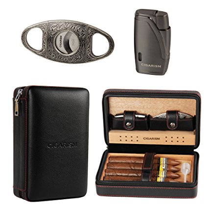 CIGARISM Cedar Lined Cigar Case Travel Humidor W/Cutter Set 4 Count (Black)