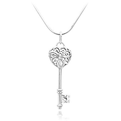 925 Sterling Silver Filigree Key to My Heart Love Symbol Pendant Necklace, 18 inches