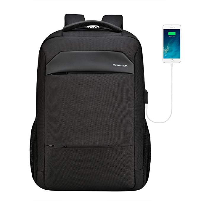 kopack Slim Laptop Backpack USB Charging Waterproof Zipper Computer Backpack Black Travel Bag for Business College for 15 15.6 Inch