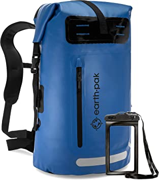 Earth Pak Waterproof Backpack: Heavy Duty Roll-Top Closure with Easy Access Front-Zippered Pocket and Cushioned Padded Back Panel for Comfort with IPX8 Waterproof Phone Case (35 Liters)