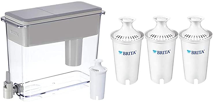 Brita 18 Cup UltraMax Water Dispenser with 1 Filter, BPA Free, Gray, Extra Large & Water Replacement Filters for Pitchers and Dispensers, 3ct, White