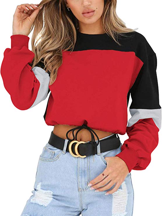 Angashion Womens Sweatshirt-Long Sleeve Drawstring Hem Color Block Crop Top Pullover Tops