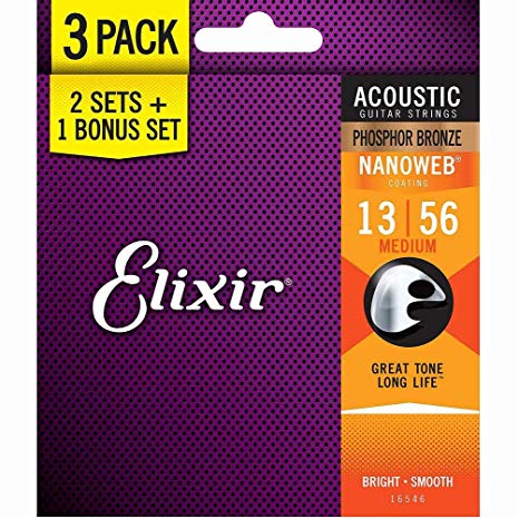 Elixir Strings 16546 Acoustic Phosphor Bronze Guitar Strings with NANOWEB Coating, 3 Pack, Medium (.013-.056)