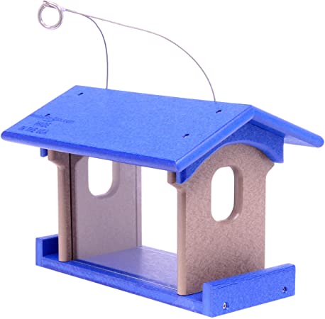 Amish-Made Bluebird Feeder, Eco-Friendly Poly-Wood Hanging Blue Bird Feeder (Blue and Weathered Wood)