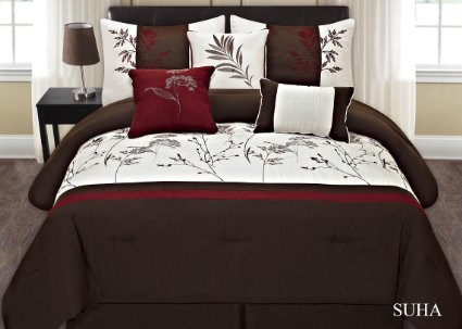 Fancy Collection 7-pc Embroidery Bedding Brown Off White Burgundy Comforter Set King