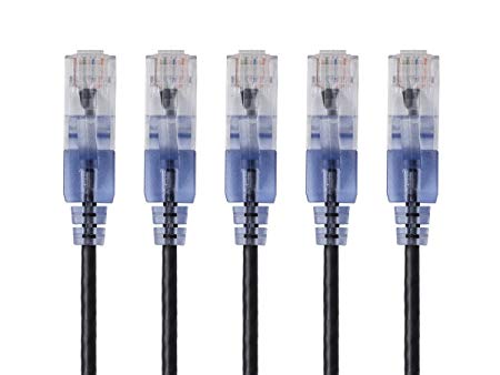 Monoprice SlimRun Cat6A Ethernet Patch Cable - Network Internet Cord - RJ45, Stranded, 550Mhz, UTP, Pure Bare Copper Wire, 10G, 30AWG&nbsp;, 1ft, Black, 5-Pack