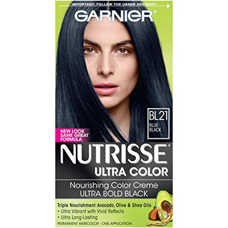 Garnier Nutrisse Ultra Color Nourishing Permanent Hair Color Cream, BL21 Blue Black (1 Kit) Black Hair Dye (Packaging May Vary)