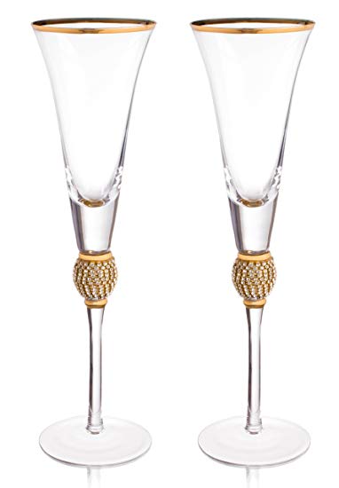 Trinkware Set of 2 Champagne Flutes - Rhinestone "DIAMOND" Studded Glasses With Gold Rim - Long Stem, 7oz, 11-inches Tall – Elegant Glassware And Stemware