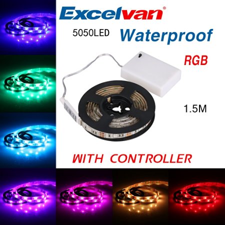 Excelvan 150cm/ 1.5m Waterproof IP65 Flexible Color Changing RGB Smd5050 45leds Dc5v Battery-powered LED Strip Light with mini controller