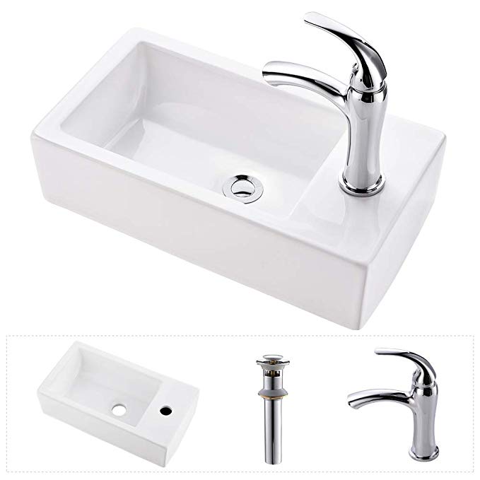 VOKIM Bathroom Wall Mount Rectangle Corner Sink White Porcelain Ceramic Vessel Sink & Chrome Faucet Combo，Single Lever Faucet Matching Pop Up Drain Combo