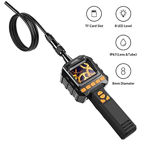 HOMIEE Inspection Camera Borescope with Large Color LCD Screen and Video Recording, 3.2ft IP67 Waterproof Semi-Rigid Snake Endoscope Tube and 8 Brightness LED Level, Portable Toolbox Included