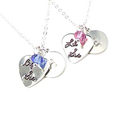 Personalized Heart Big Sister Little Sis Necklace with Birthstone Crystal from Swarovski Custom Initial