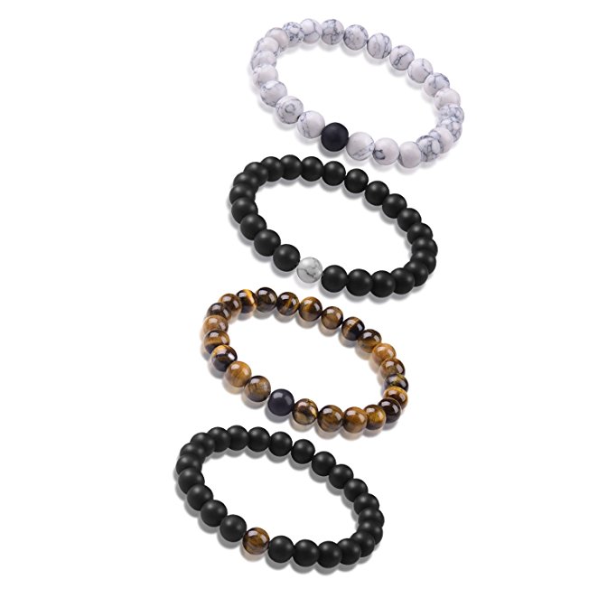 Paxuan Mens Womens 2－4 pcs Imported Natural Gemstone Beaded Distance Bracelets Couples His and Hers Stretch Beads Bracelet Set 8MM