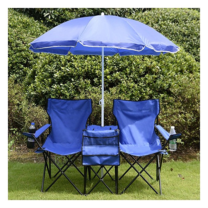 Portable Folding Picnic Double Chair W/Umbrella Table Cooler Beach Camping Chair by Goplus