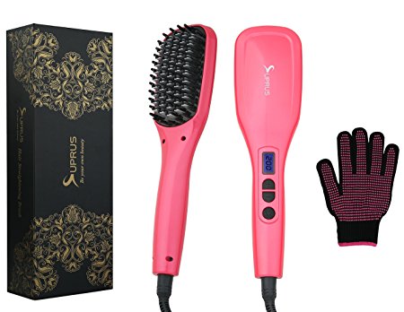 SUPRUS Hair Straightener Brush Ceramic Ionic Heating PTC Technology Adjustable 21 Setting Temperature Lock LED Display with Heat Resistant Glove Gift Packaging