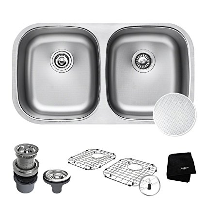 Kraus Outlast MicroShield Scratch-Resist Stainless Steel Undermount 50/50 Double Bowl Sink, 32" 16 Gauge, Premier Series KBU22E