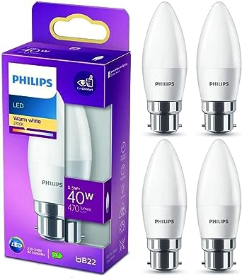 Philips Candle Frosted LED Light Bulbs, B22, 5.5W, 470 Lumens, Warm White 2700K - 4 Pack