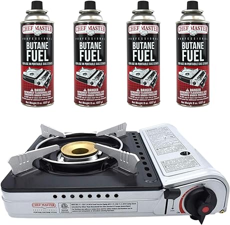 Chef Master 90235 Butane Countertop Stove Combination Pack | Includes 4 x 8 oz. Tins of Butane Fuel | 12,000 BTU | Portable, with Carry Case | 1 Click Ignition | Double Wind Guard