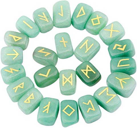 rockcloud Green Aventurine Rune Stones Tumbled Engraved Lettering Crystal Set for Wicca Crystals Healing Chakra Reiki