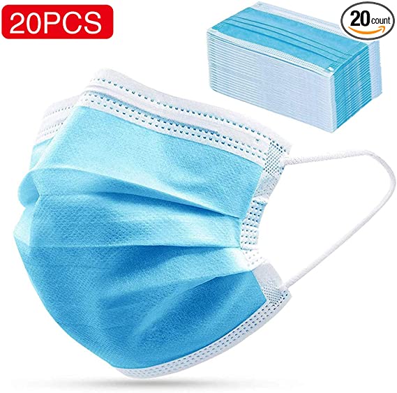 XIQI 20Pcs Disposable Face Masks 3-Layer Mask, Blue