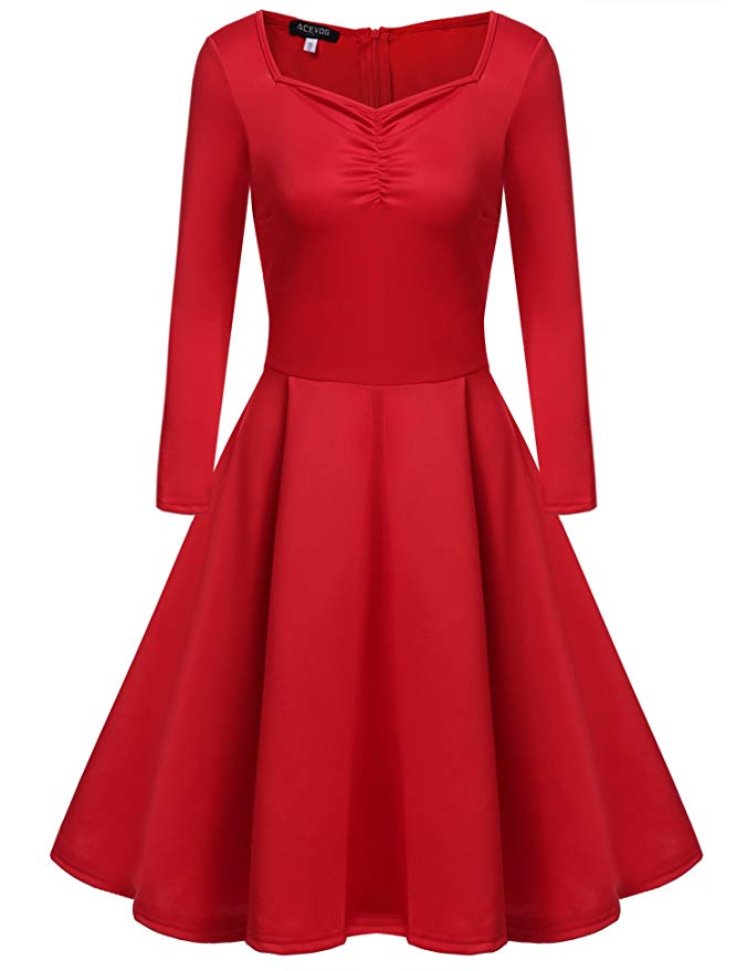 ACEVOG Womens Vintage Dress Midi Elegant Dress, A Line Swing Vintage Long Sleeve Scoop Neck Tea Dress