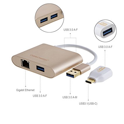 CableCreation USB Hub, 3-Port Aluminum USB 3.0 Hub with Gigabit Ethernet Port   USB C Adapter, for iMac, MacBook, Lenovo Yoga, Dell XPS or any PC has USB 2.0/3.0 port, Gold Color