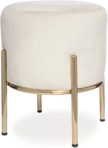 Milliard Upholstered Round Ottoman, Velvet Cushion with Gold Metal Legs, Use as a Vanity Chair Stool or Footrest - 14x17 inches (Ivory)